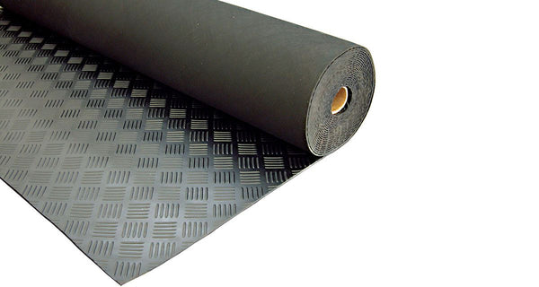 Checkered Rubber Mats-IS 5424 (IM-CRM-BLACKP-12MM1M2M) Size: 12mm Thick x 1M Wide x 2M Long Color: Black, Antiskid Design: Top - Checkered & Bottom - Plain